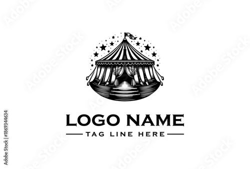 Black and white illustration of a circus tent logo with stars, text placeholder for logo name and tagline on a white background.