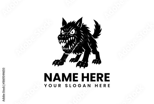 Black wolf logo with sharp teeth and claws on white background with text 'NAME HERE' and 'YOUR SLOGAN HERE'.