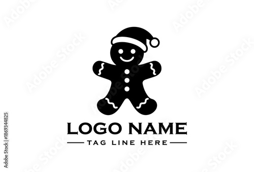 Black logo of a gingerbread man wearing a Santa hat on a white background with space for custom text.