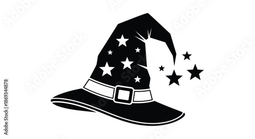 Black silhouette of a classic witch or wizard hat decorated with stars and a buckle, with magical sparkles coming from the tip.