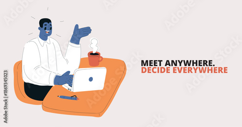 Cartoon vector illustration of a man talking on a laptop in an office, metaphor of remote work, communication, and productivity