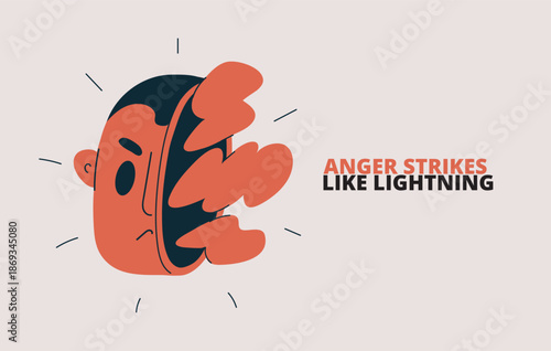 Cartoon vector illustration of a head with lightning inside, metaphor of anger, fury, and intense emotions