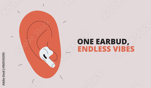 Cartoon vector illustration of a wireless earbud in an ear, metaphor of music, technology, and personal audio