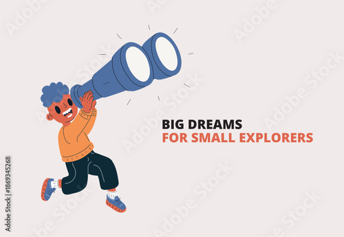Cartoon vector illustration of a boy looking through a large magnifying glass, metaphor of curiosity, exploration, and discovery