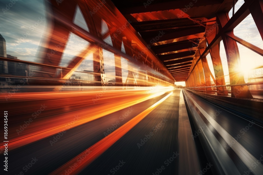 Fototapeta premium Driving on a bridge at speed with motion blur and sunset light