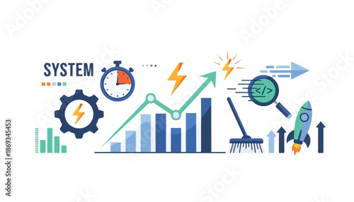 An illustration depicting system optimization, performance improvement, data analysis, and business growth with various icons.