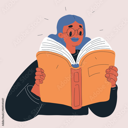 Cartoon vector illustration of a woman reading a book, metaphor of learning, knowledge, and peaceful moment