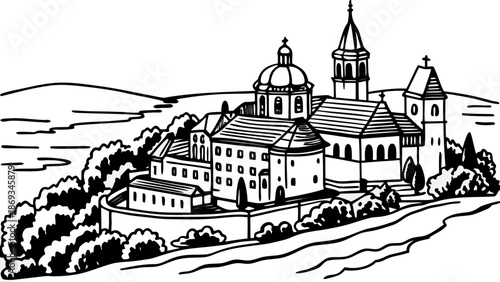 Very beautiful aerial panorama of Tihany Abbey overlooking Lake Balaton in Hungary, where historic monastery architecture meets vivid blue waters and rolling landscapes in a peaceful composition.