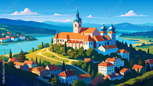 Very beautiful aerial panorama of Tihany Abbey overlooking Lake Balaton in Hungary, where historic monastery architecture meets vivid blue waters and rolling landscapes in a peaceful composition.