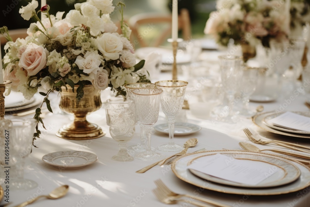 Fototapeta premium Ornate dinnerware and crystal glasses creating an upscale dining experience at an outdoor event