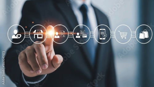 Hand Interacting with Digital Online Shopping Process Icons in Futuristic Interface