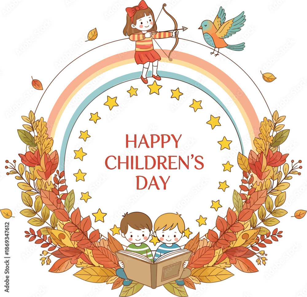 Naklejka premium Happy Childrens Day Illustration with Kids and Rainbow