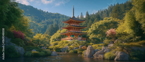 Japanese Pagoda in Scenic Nature A traditional Japanese pagoda rises gracefully amidst lush greenery, with vibrant flowers and a serene body of water.
