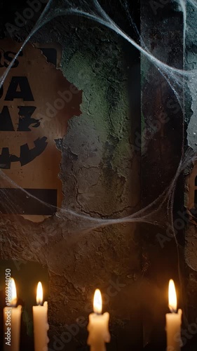 Lit Candles Burning Near Spider Webs and Halloween Decoration on Old Wall