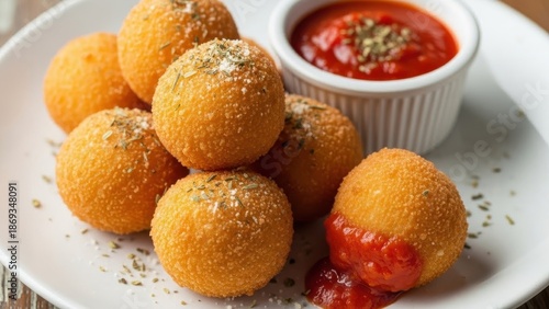 Wallpaper Mural Golden fried savory rice balls with vibrant tomato dipping sauce and herbs Torontodigital.ca