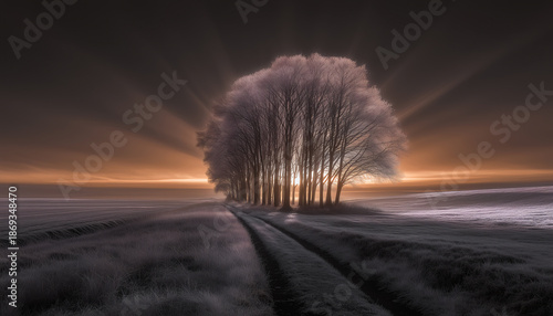 The sun's Embrace A cluster of trees stands majestically silhouetted against a radiant sunset sky, their branches reaching towards the fading light.