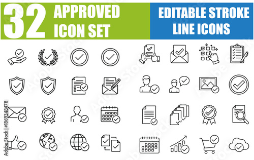 Approved Icon Set - Certified, Agreement, Verified, Confirmed, Accepted, Quality Control, Compliance, Standards, Checkmark, Seal, Stamp, Quality Mark and More - Editable Stroke Vector Illustration for