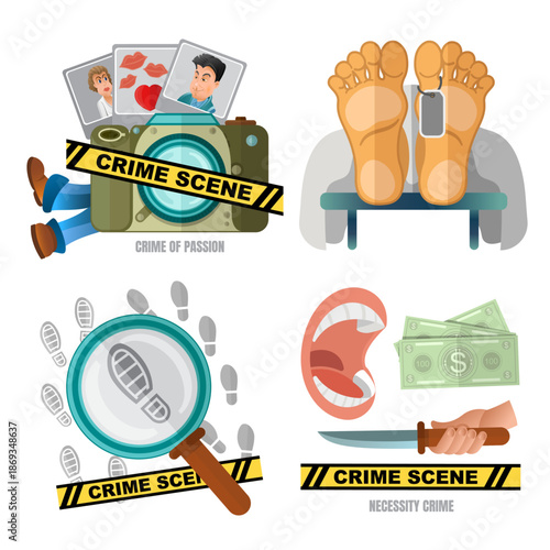 Crime Scene Investigation Icons Set. Vector Flat Illustration