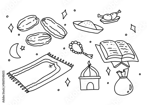 Black and white line art illustration of Islamic and Ramadan elements including dates, prayer mat, Quran, mosque, and food, surrounded by stars and a crescent moon.
