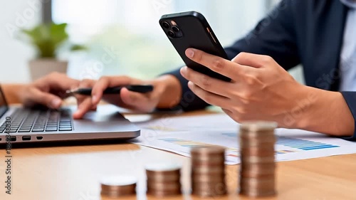 Stacks of coins and hands with laptop