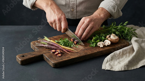 Person chopping fresh vegetables on a wooden cutting board