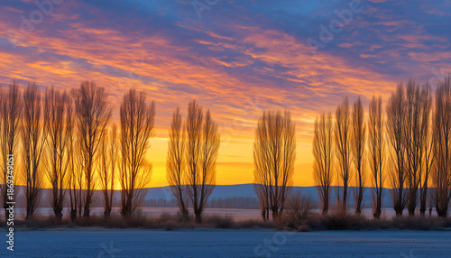 Sunrise spectacle The silhouettes of leafless trees stand sentinel against a vibrant sunrise painted across the sky, a breathtaking natural spectacle.