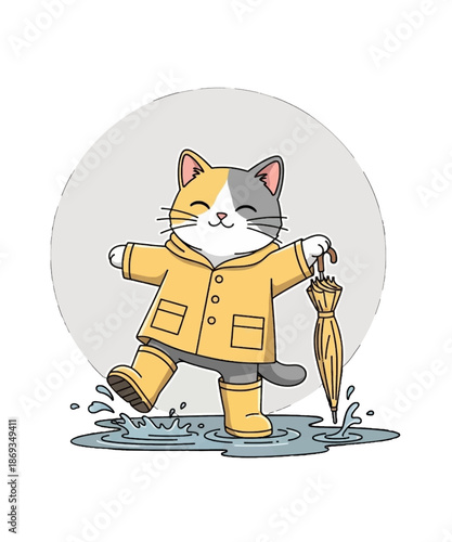 Adorable cartoon calico cat happily splashing in a puddle wearing bright yellow raincoat and rain boots holding a folded umbrella