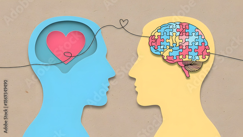 Conceptual illustration of two paper-cut human head silhouettes, one with a heart and the other with a puzzle-piece brain, connected by a string, symbolizing emotional and logical connection.