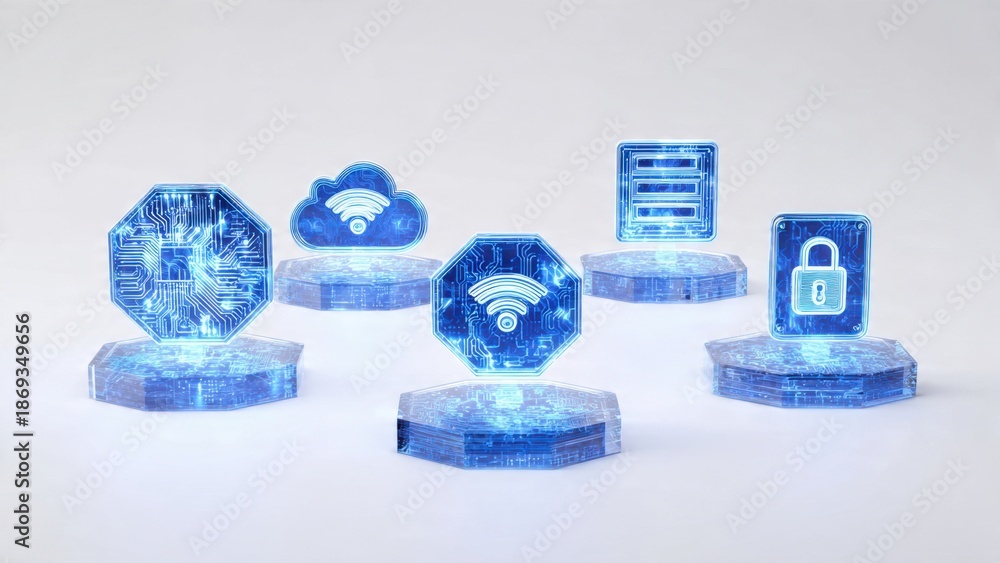 Obraz premium Technology Icons on Hexagonal Pedestals