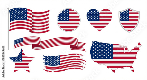 Collection of United States of America flags in various shapes and forms