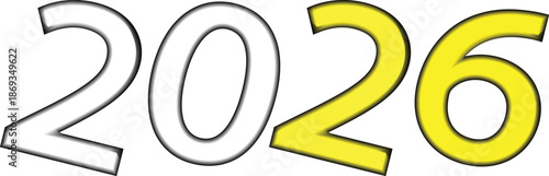 The text above describes a black outline filled with yellow, showing the year "2026".
