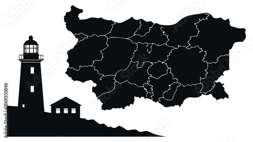 Bulgaria Map Silhouette with Lighthouse and Coastal Landscape