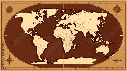 Vintage Sepia-Style Oval World Map with Compass Rose and Ornate Borders