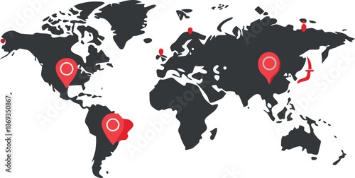 World Map Silhouette with Red Location Pins and Destination Markers