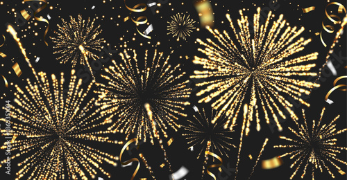 Luxury gold fireworks and confetti on black background
