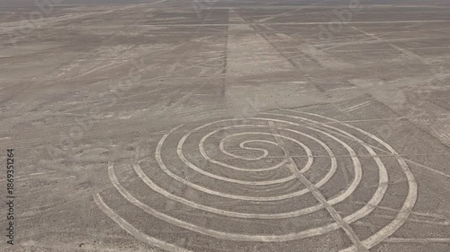 Aerial of Nasca lines (Spiral, circle) in the desert of Peru