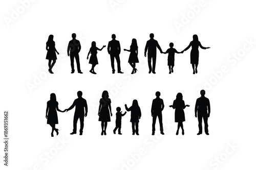 Diverse family silhouettes holding hands in two rows on white background