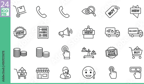 Line style vector icons set of shopping, delivery, customer service, product labeling, communication, retail, e-commerce, support tools, storefront, buy tag, handmade badge, and coin stack symbols