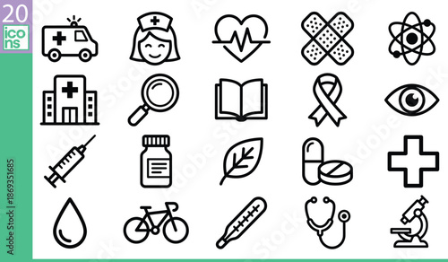 Black and white medical icons, healthcare symbols, wellness graphics, hospital tools, science elements, vector illustration, flat design, editable, minimal style, clean, isolated, professional