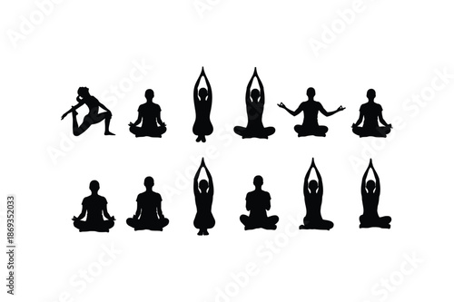 Silhouette of various yoga poses performed by different people in a studio setting silhouette
