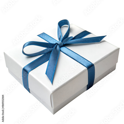 A white gift box with blue bow isolated on transparent background