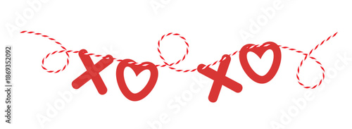 Isolated Valentine's Day paper garland with red lettering XO XO on striped jute rope. Hand drawn flat element tied cotton rope bakers twine, ribbon. Vector EPS10