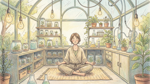 Woman meditating in a greenhouse filled with plants and scientific equipment