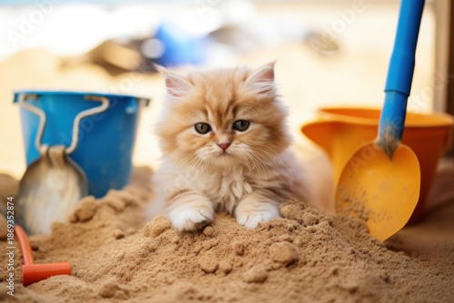 Cute ginger kitten investigating sand with plastic beach toys and bucket © nsit0108