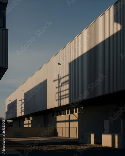 Industrial Warehouse Exterior with Strong Geometric Shadows and Minimalist Architecture