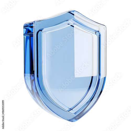 3D Rendering of Blue Glass Shield, Security Icon, Cyber Protection Symbol, Transparent Safety Guard, Glossy Defense Element, Secure Badge Illustration