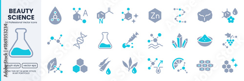 Skincare ingredient glyph icon set. Molecule, vitamin, serum, collagen, crystal minimal vector illustrations. Duotone flat pictogram for cosmetic and dermatology, scientific beauty laboratory