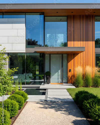 Modern House Exterior with Large Windows and Minimalist Landscaping in Daylight