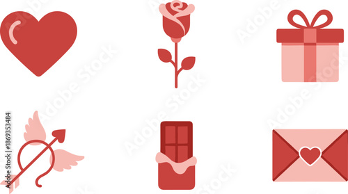 Valentines day love icons set, heart rose gift chocolate envelope cupid symbols, red pink romantic flat vector illustration