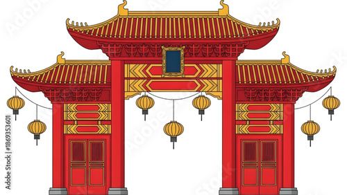 Vector illustration of a classic red Chinese gate with hanging golden lanterns